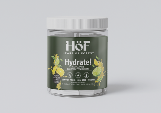 Green container labeled 'HOF Heart of Forest Hydrate!' on a gray background